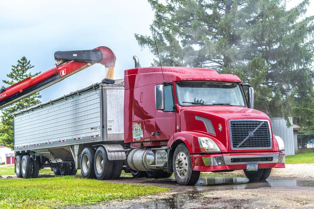 The red Volvo loading out at the elevator